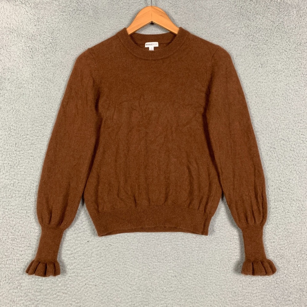 Minnie Rose Cashmere Sweater Women's Small Brown Crewneck‎ Pullover Ruffled Cuff